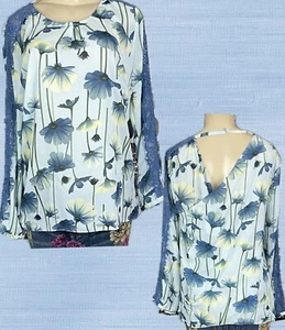 Marc Bouwer L Blue Floral Split Choker Back Long Sleeve Lace Fringe Trim Blouse - Picture 1 of 6