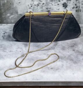 Judith Leiber Black Lizard Embossed Leather Clutch Crossbody Handbag Purse EUC!