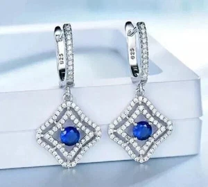 2Ct Lab Created Round Blue Sapphire Drop & Dangle Earrings 14K White Gold Plated - Picture 1 of 3