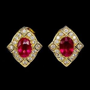 GENUINE BLOOD RED RUBY OVAL & WHITE CZ STERLING 925 SILVER STUD EARRING - Picture 1 of 6