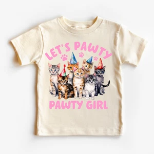 Let's Pawty Pawty Girl Cat Birthday Shirt - Kids Cat Tee - Picture 1 of 8