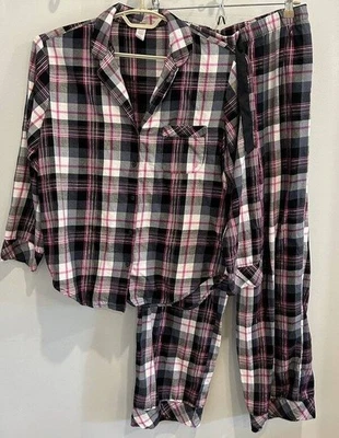 Juego de pijama manga larga Victoria's Secret negro rosa plateado metálico a cuadros 2 piezas M Foto 1 de 4