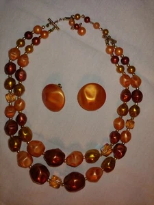 Vintage MCM 1950s peach gold orange costume 2 strand necklace + earrings VGUC!  - Picture 1 of 7