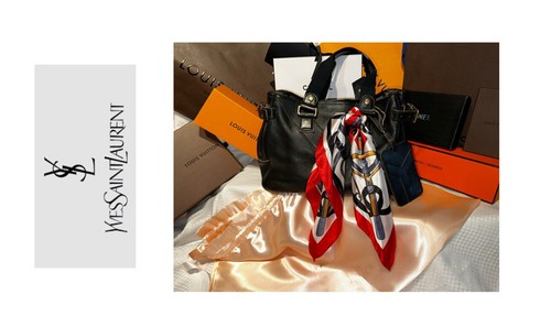 SAINT LAURENT (YSL) Borsa a tracolla Yves Saint Laurent Easybag. Pelle ciottolata nera. Sacchetto polvere raso rosa