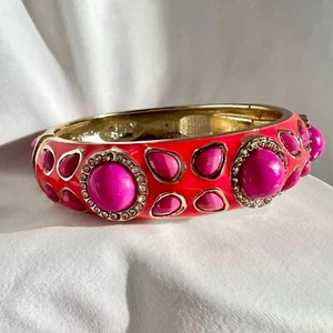 Sequin Brand Orange Hot Pink Cabochon Stone Gold Tone Hinge Bangle Bracelet - Picture 1 of 8