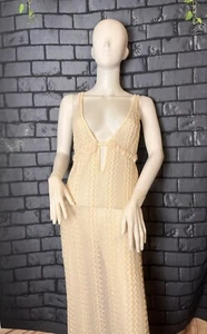New SZ Lg Beige Lightweight Crochet See Through Long Dress Bathing Suit Cover up - Picture 1 of 5