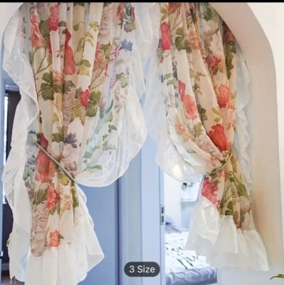 Colorful Flower Sheer Ruffled Short Curtains Tulle 2pcs Country Flower Printed - Image 1 of 4