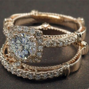 Increíble conjunto de anillos de boda estilo vintage enchapados en oro simulado de 1,6 quilates para novia - Imagen 1 de 6