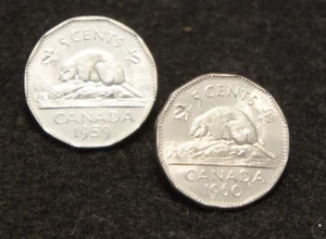 1959-60 Canadian 5 Cent Nickels in BU Condition Nice Old Collectible Set! - Bild 1 von 2