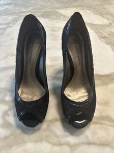 DVF Diane Von Furstenberg Pony Hair Peep Toe Heels Size 8.5 Pumps Black Patent - Picture 1 of 6
