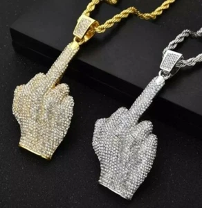 Iced Out Angry Middle Finger Hip Hop Necklace Jewelry Rope Chain Pendant Bling - Picture 1 of 3