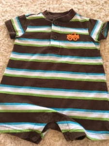  Circo Boys Brown White Blue Green Striped Short Sleeve Shorts Romper 3 Months  - Picture 1 of 7