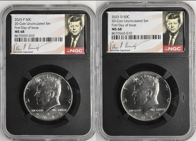 2025 P & D KENNEDY NGC MS68 68 HALF DOLLAR 2 COIN SET, FIRST DAY - 2 Coin Set % - Image 1 of 4