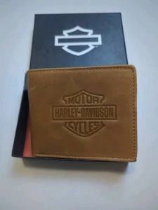 New Harley Davidson Men's Wallet Bifold 100% Leather Logo Tan Brown Biker Rfid - Picture 1 of 13