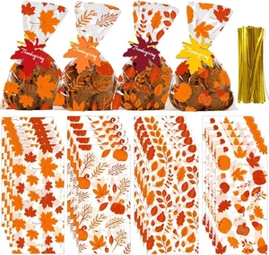 YUJUN 120 PCS Fall Cellophane Treat Bags,Maple Leaves Gift Goodie Multicolor  - Picture 1 of 7