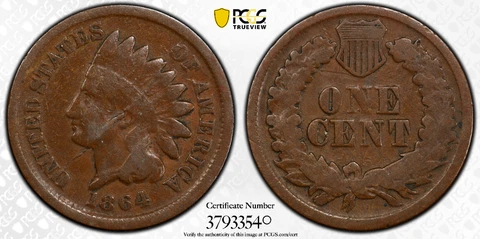 1864 1C PCGS VG08 Indian Mint Error Bisect Obv Die Crack - RicksCafeAmerican.com Cover