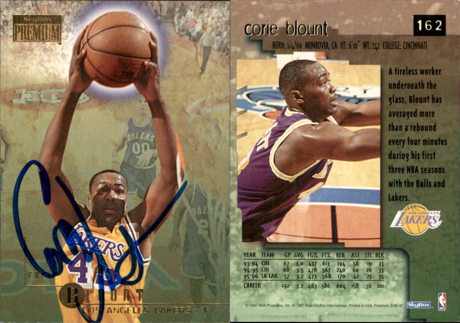 Corie Blount Signed 1996-97 SkyBox Premium #162 Card Los Angeles Lakers Auto AU