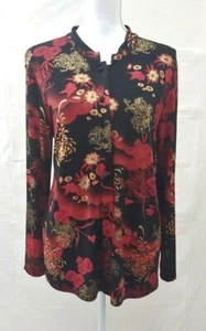Mirasol Womens Top Medium Floral Button Front Black Red Stretch Long Sleeve - Picture 1 of 8