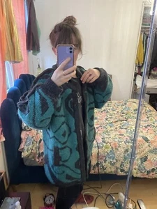 True Vintage 1980s Knitted Jacket Cardigan L M Navajo Mexican Heart Print Green - Picture 1 of 24