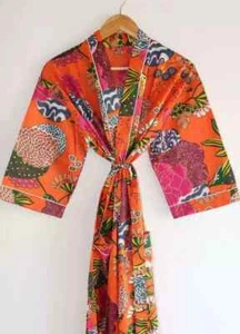 Indian Tropical print 100% cotton Orange robe gown women Boho maxi kimono dress - Picture 1 of 4