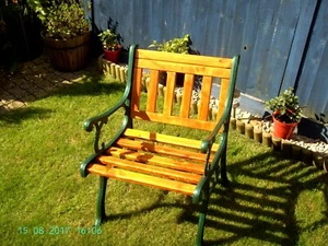 (25) Small Cast Iron & Wood Garden Chair - Picture 1 of 9