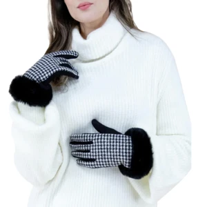 Stay Toasty mit Stil: Kunstfellmanschette Mini Houndstooth Handschuhe (TS) - SCHWARZ - Bild 1 von 6