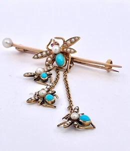 Victorian Turquoise and Pearl Triple Fly Brooch 14K - Picture 1 of 12