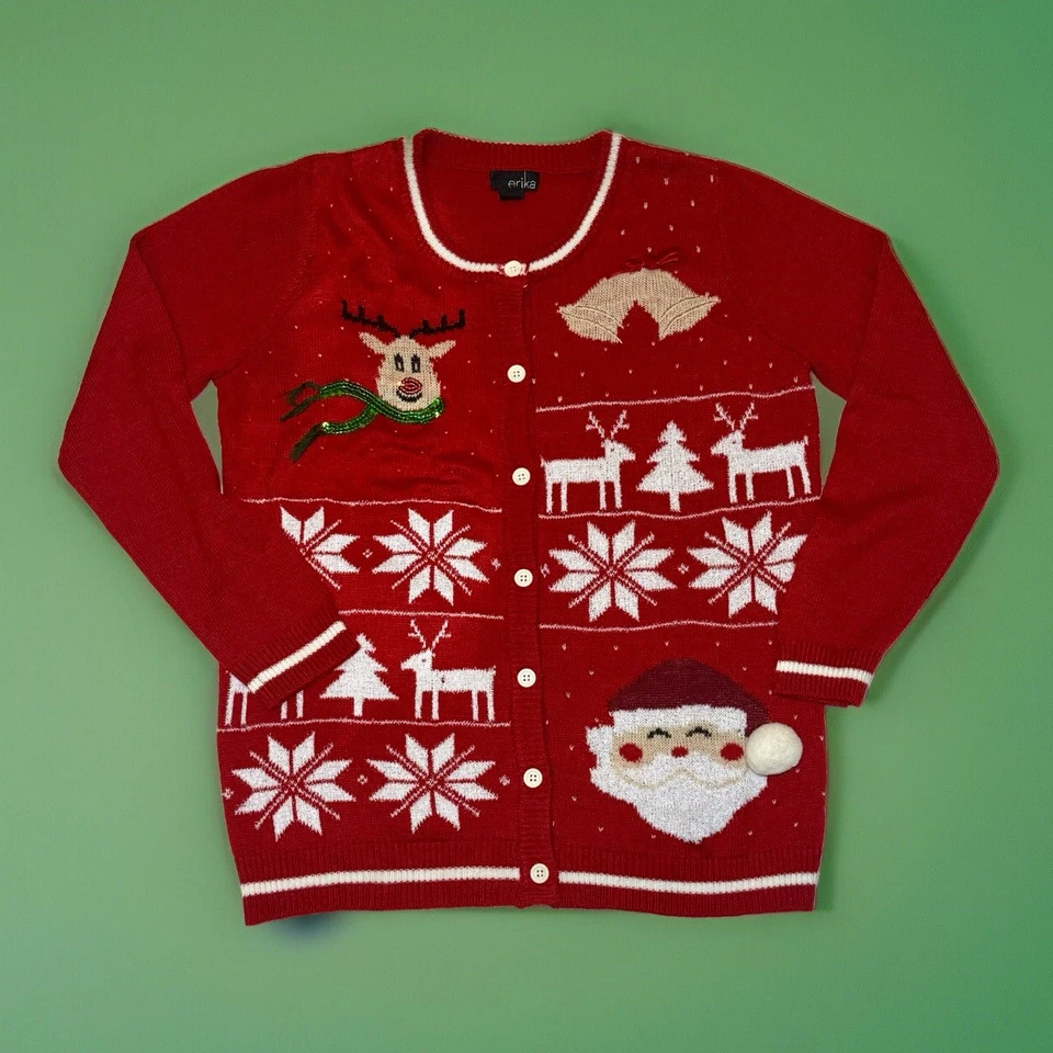 De Colección Erika Bordado Navidad Cárdigan Feo Suéter Santa Navidad Talla M Foto 1 de 4