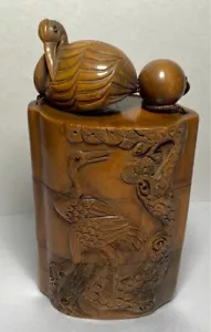 Inro Netsuke Crane Japanese Boxwood Carved Antique Wooden from Japan - Picture 1 of 6