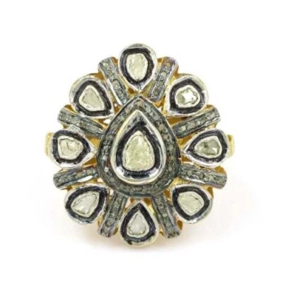 Anillo Pavé Natural Polki Diamante 925 Plata de Ley Sólida Fina Joyería de Regalo Foto 1 de 4