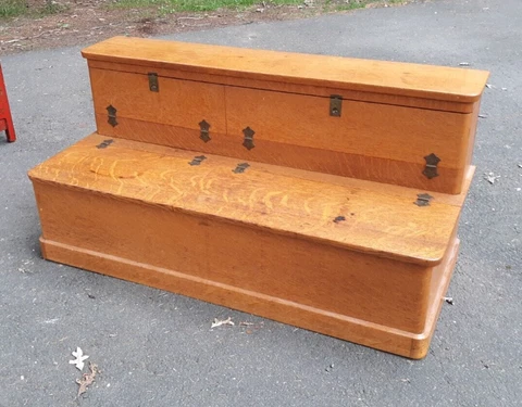 Antique Tiger Oak Step Back Bench Storage Cabinet Cover