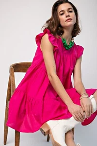 EASEL CLOTHING CAP SLEEVED TIERED POPLIN DRESS-FUSCHIA-SIZE MEDIUM-SO CUTE!!! - Picture 1 of 5