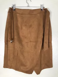Allegra K Women's A-Line Knee Length Front Slit Wrap Faux Suede Skirt Brown Sz L - Picture 1 of 14
