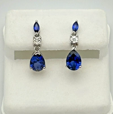 10k White Gold Earring with Lab Created Sapphires and 0.01cts natural Diamonds - Image 1 of 4