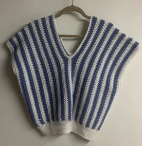 Woman’s Hand Knitted V-Neck Sweater Blue/White Measures 24” X 21” - Picture 1 of 7