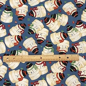 1.7 YD Vintage Country Hatbox Snowman Toss Fabric Blue Cotton - Picture 1 of 4
