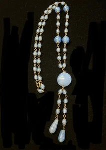ANTIQUE ART DECO CZECH OCEAN BLUE SWIRL GLASS BEAD LAVALIERE NECKLACE 25”—782 - Picture 1 of 7