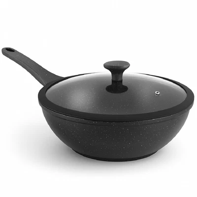 Padella Wok Antiaderente 30cm Alluminio Pietra Coperchio Vetro Induzione Nero - Immagine 1 di 4