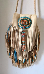 Handgefertigte Indian Spirit Medizin Tasche Etui Geldbörse Münze Leder Fransen/Türkis - Bild 1 von 10
