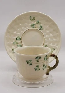 VTG Belleek Shamrock Basketweave Pattern Parian China Teacup & Saucer 1946-1981 - Picture 1 of 16