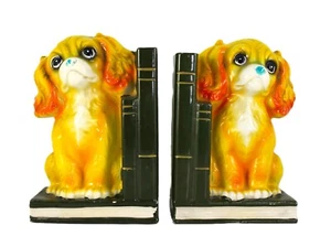 Vintage 50er Cocker Spaniel Buchstützen Keramik blond Hund ungefüllt mit Mützen - Bild 1 von 11