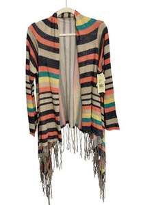 Reba Striped Fringe Open Front Cardigan Size XL Multicolor Indie Boho Hippie NEW - Picture 1 of 6