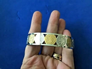 Saint Bracelet Cuff ST BENEDICT Protection Medal Stainless Steel 2 Tone 5/8” - Picture 1 of 3