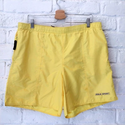 Bermuda de natação masculina vintage polo esporte Ralph Lauren média amarela forrada de malha - Imagem 1 de 4