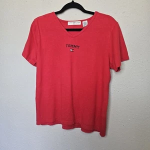 Tommy Hilfiger Womens L Large Red Tee Shirt Short Sleeve Logo Graphic Spellout - Picture 1 of 9