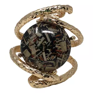 Hammered Cuff Clamper Bracelet Gold Tone Large Black Tan Bead Boho - Picture 1 of 8