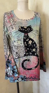 Colorido Gato Manga Larga Pullover Top Para Mujer Talla M Poli Spandex 40” Pecho - Imagen 1 de 9