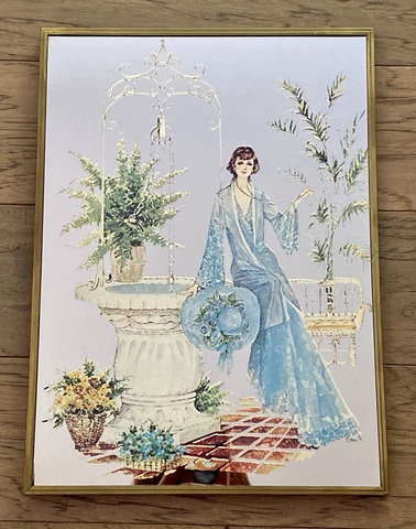 Vintage 1970's Mirror Art  Lady In Garden PICTURE Wall  Frame 11" x 15" Cover