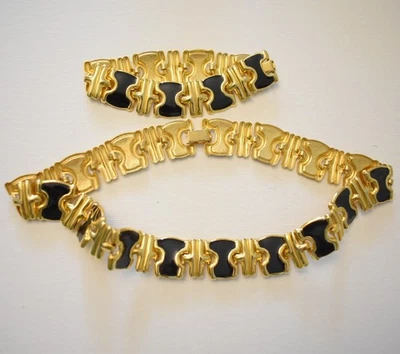 Vintage Gold Tone Chain Black Enamel Necklace W Bracelet  - Image 1 of 3