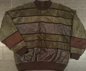 Vintage Saxony Leather Sweater Mens Knit Mosaic On Back Green Brown 3 XL - Picture 1 of 4